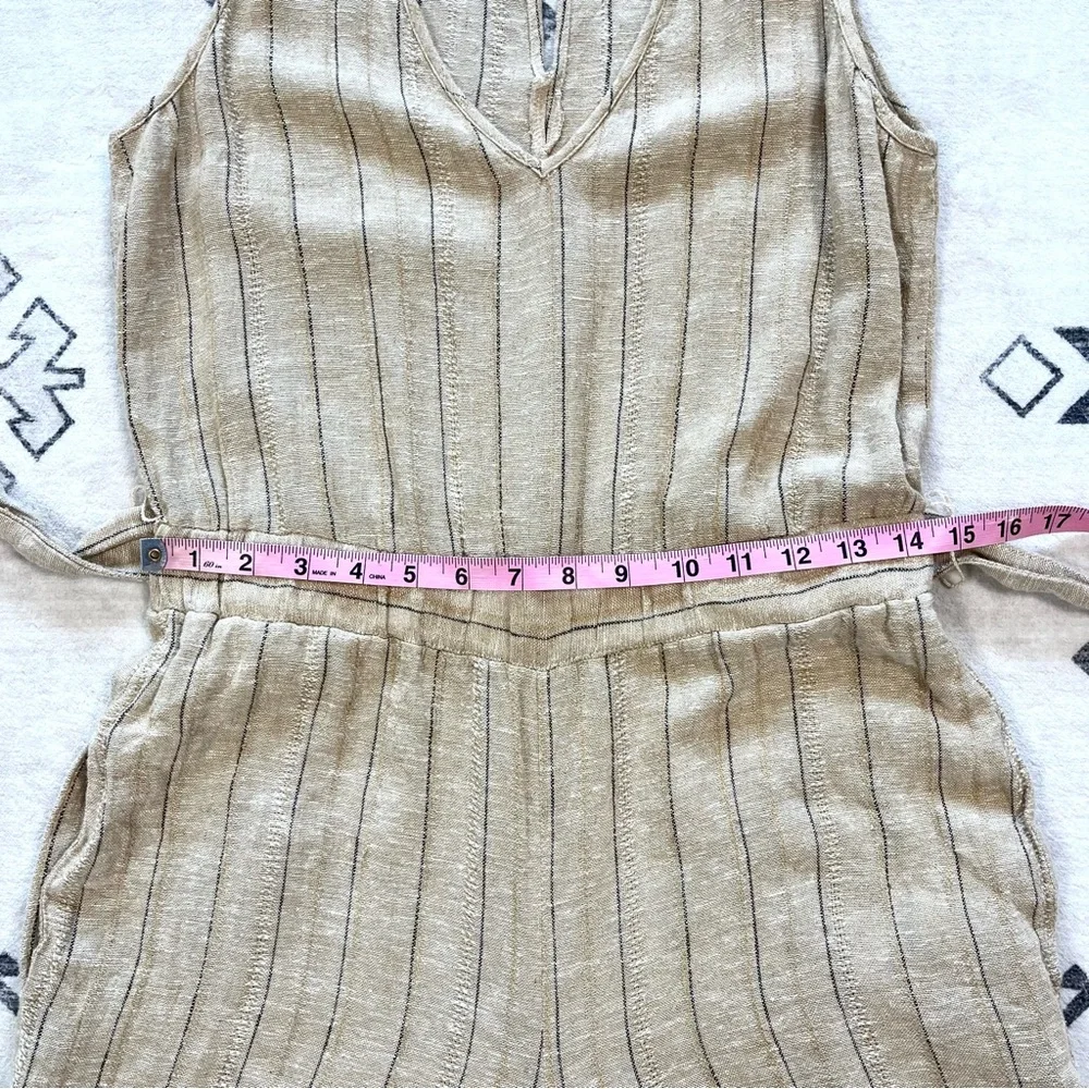 DREW x Anthropologie Striped Khaki Linen Blend Cropped Jumpsuit XS